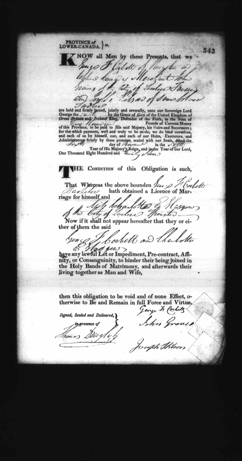 Digitized page of Upper and Lower Canada Marriage Bonds (1779-1865) for Image No.: e008236531
