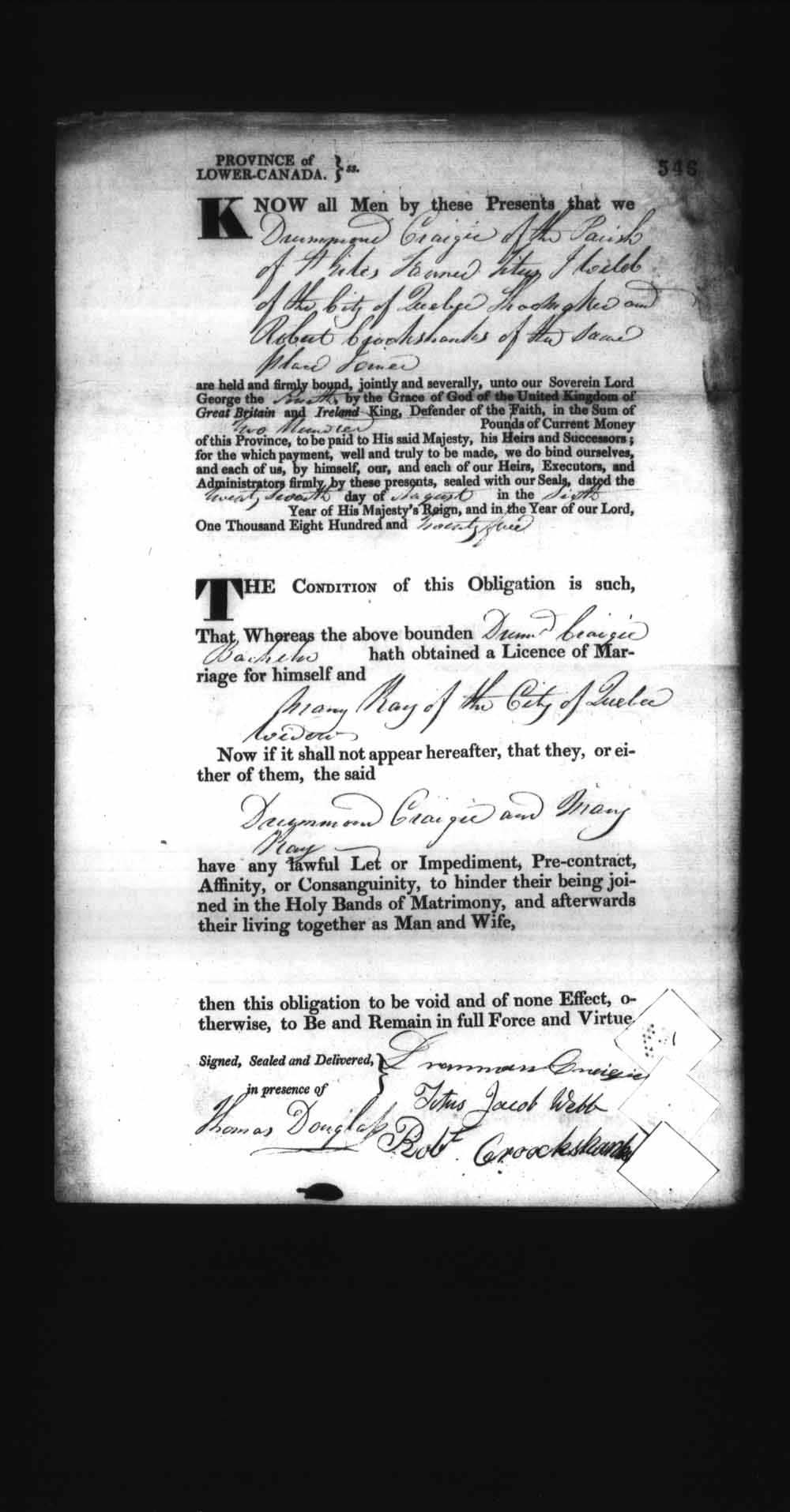 Digitized page of Upper and Lower Canada Marriage Bonds (1779-1865) for Image No.: e008236535