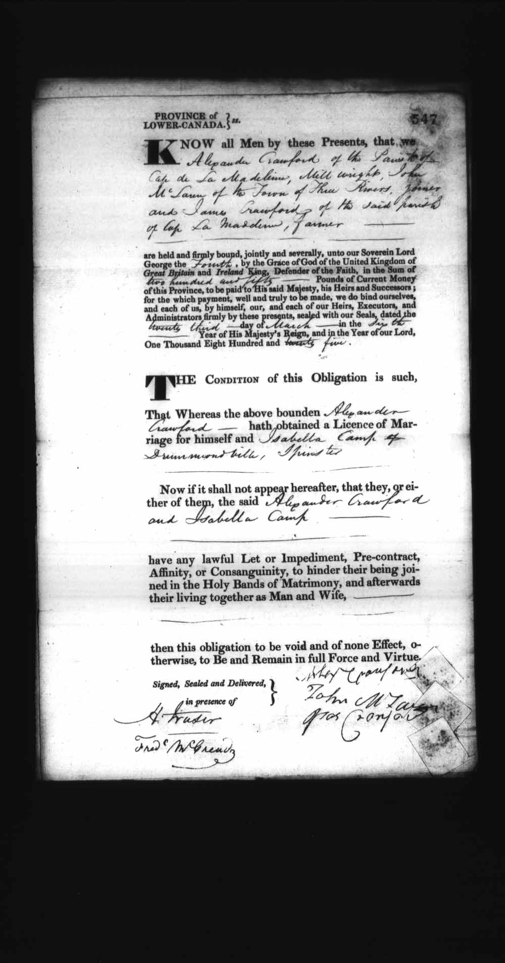 Page numérisé de Cautionnements de mariages pour le Haut-Canada et le Bas-Canada (1779-1865) pour l'image numéro: e008236536