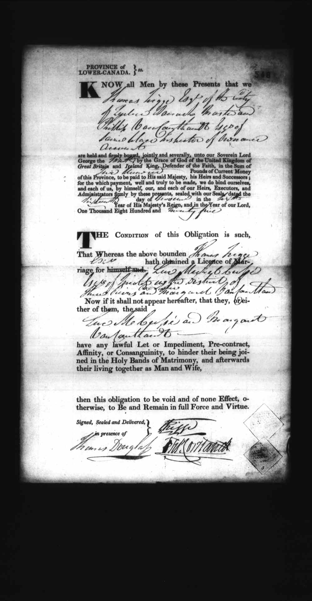Digitized page of Upper and Lower Canada Marriage Bonds (1779-1865) for Image No.: e008236537