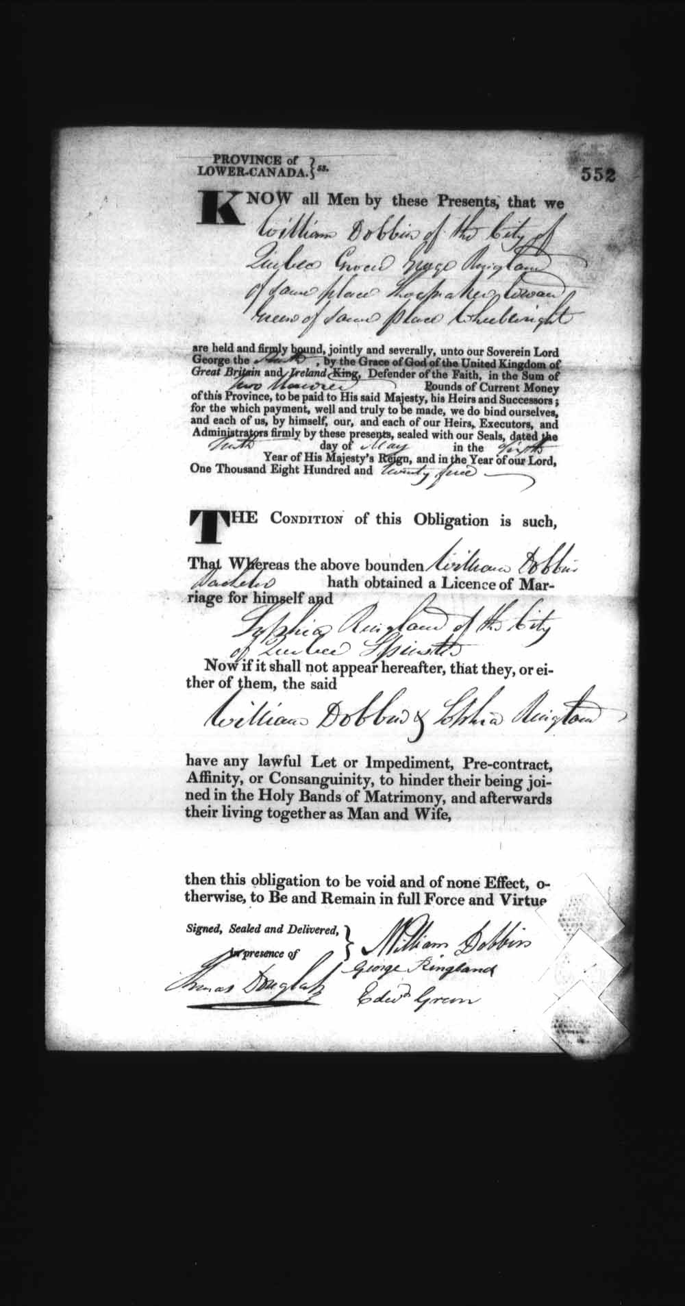 Digitized page of Upper and Lower Canada Marriage Bonds (1779-1865) for Image No.: e008236541