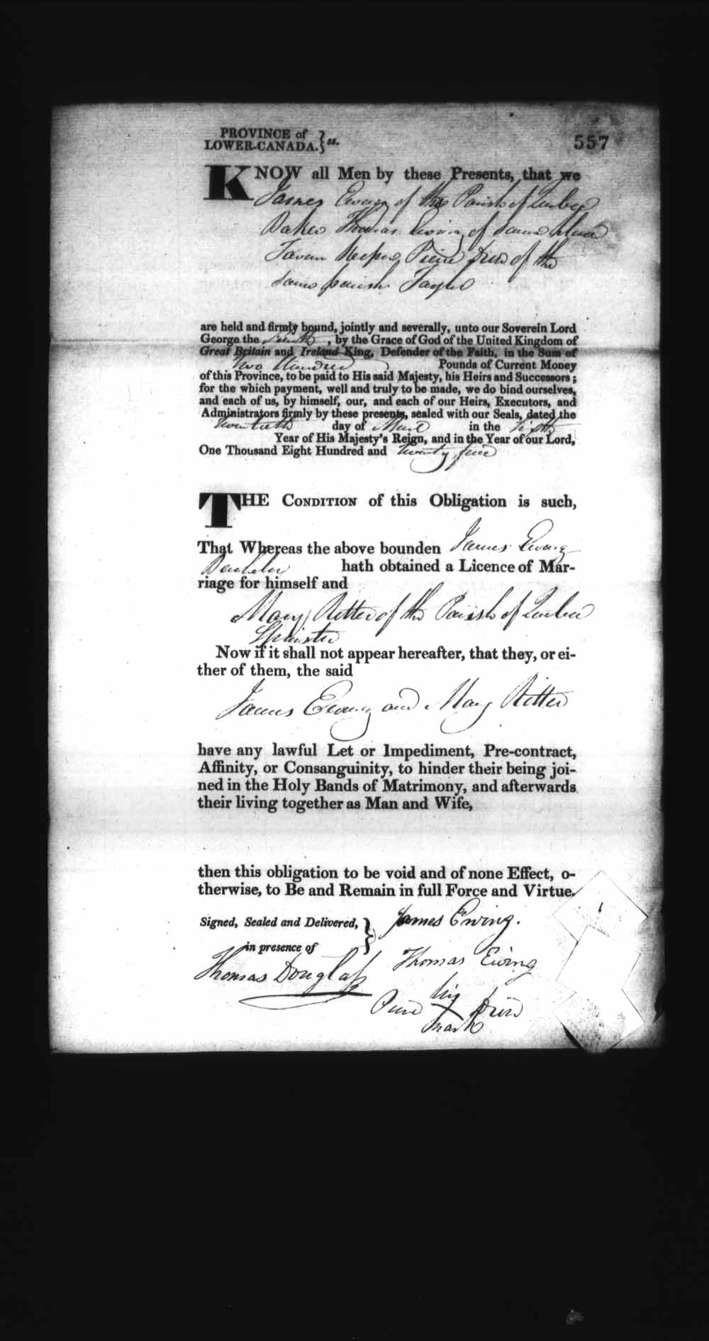 Digitized page of Upper and Lower Canada Marriage Bonds (1779-1865) for Image No.: e008236549