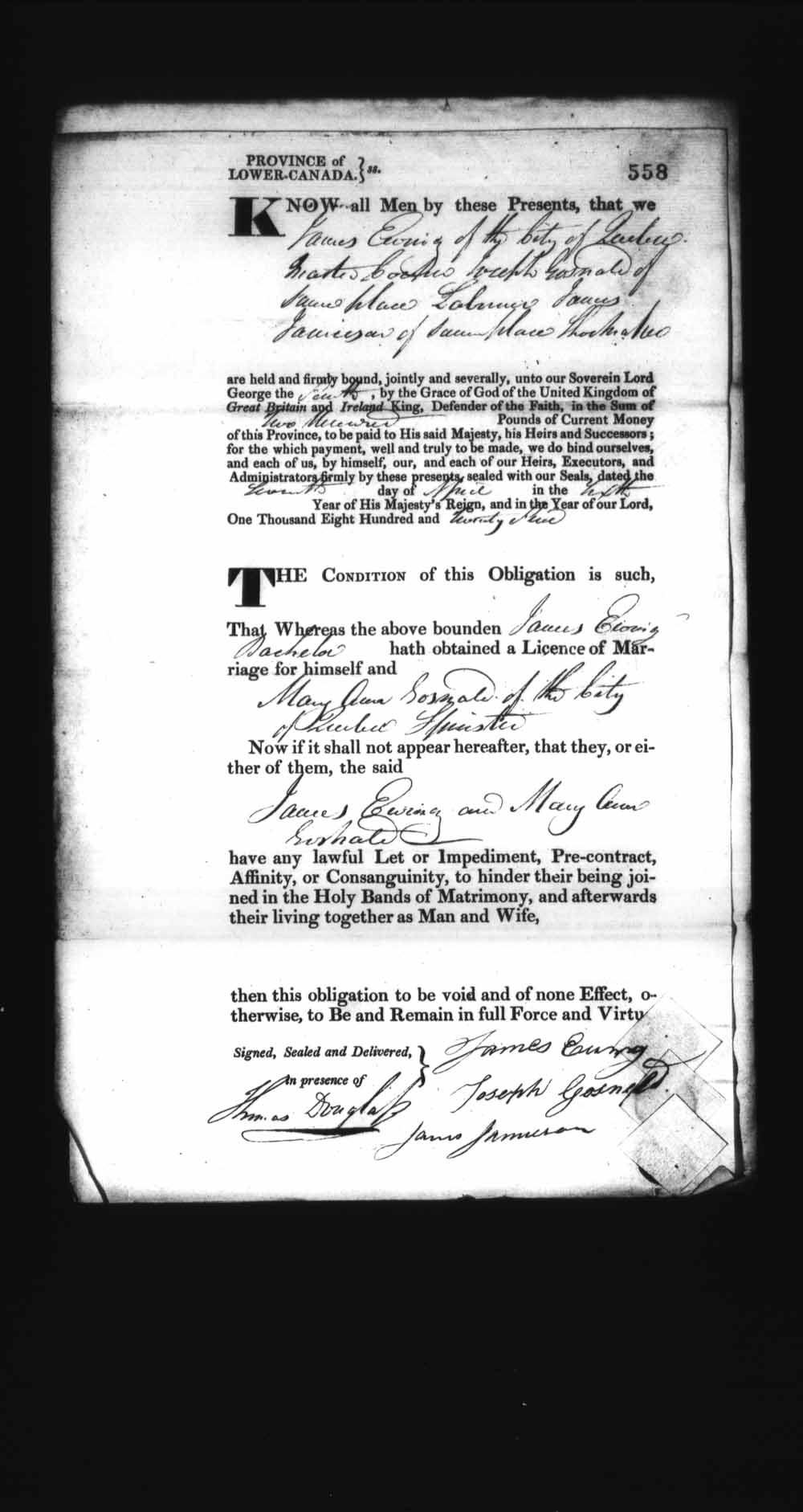 Digitized page of Upper and Lower Canada Marriage Bonds (1779-1865) for Image No.: e008236550