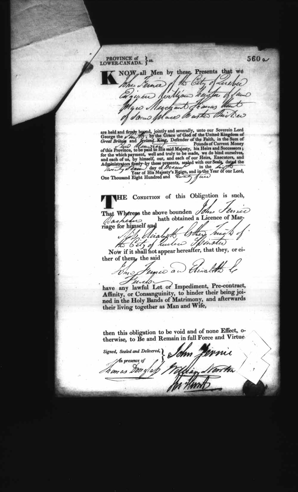 Digitized page of Upper and Lower Canada Marriage Bonds (1779-1865) for Image No.: e008236553