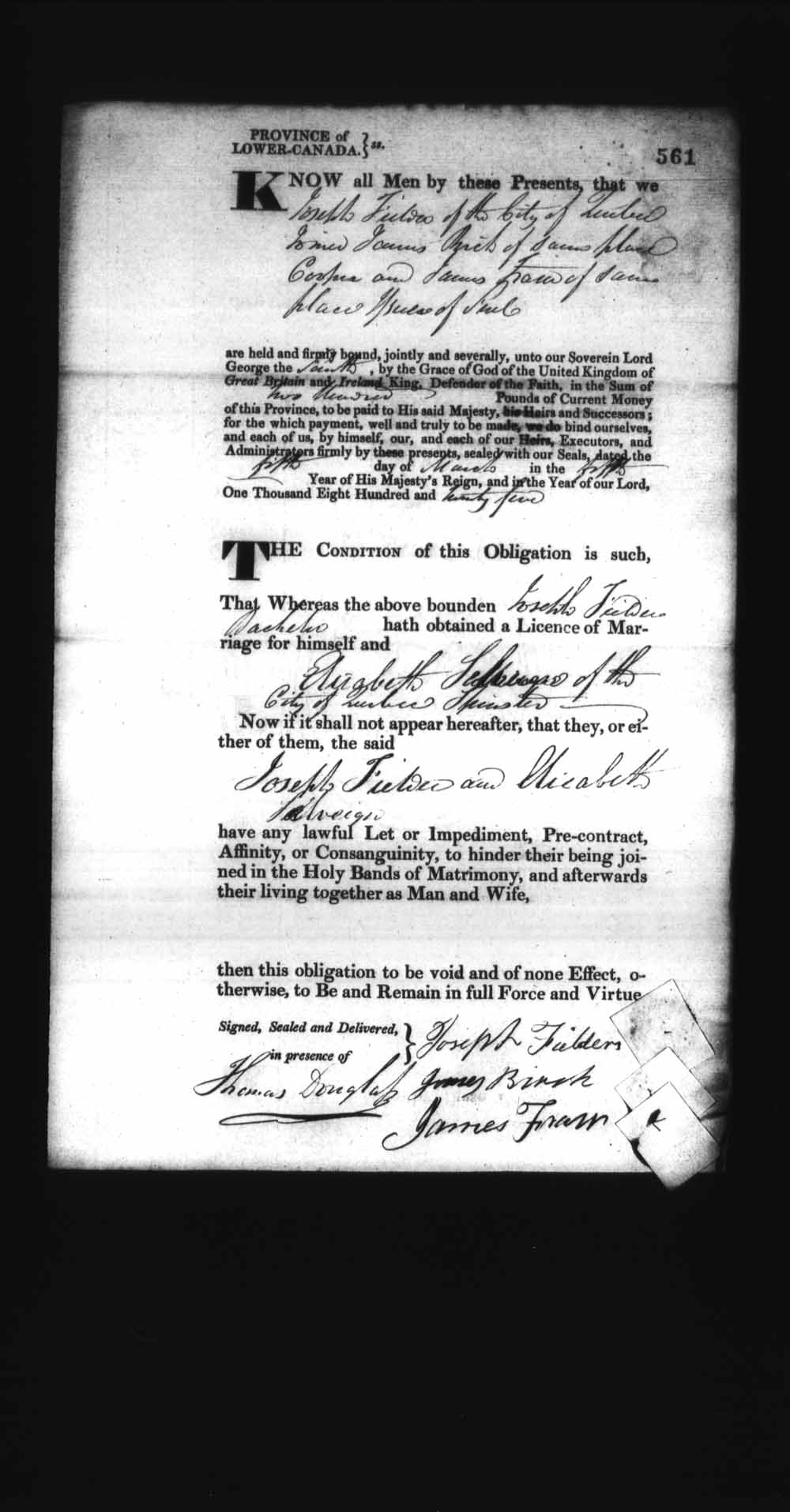Digitized page of Upper and Lower Canada Marriage Bonds (1779-1865) for Image No.: e008236554
