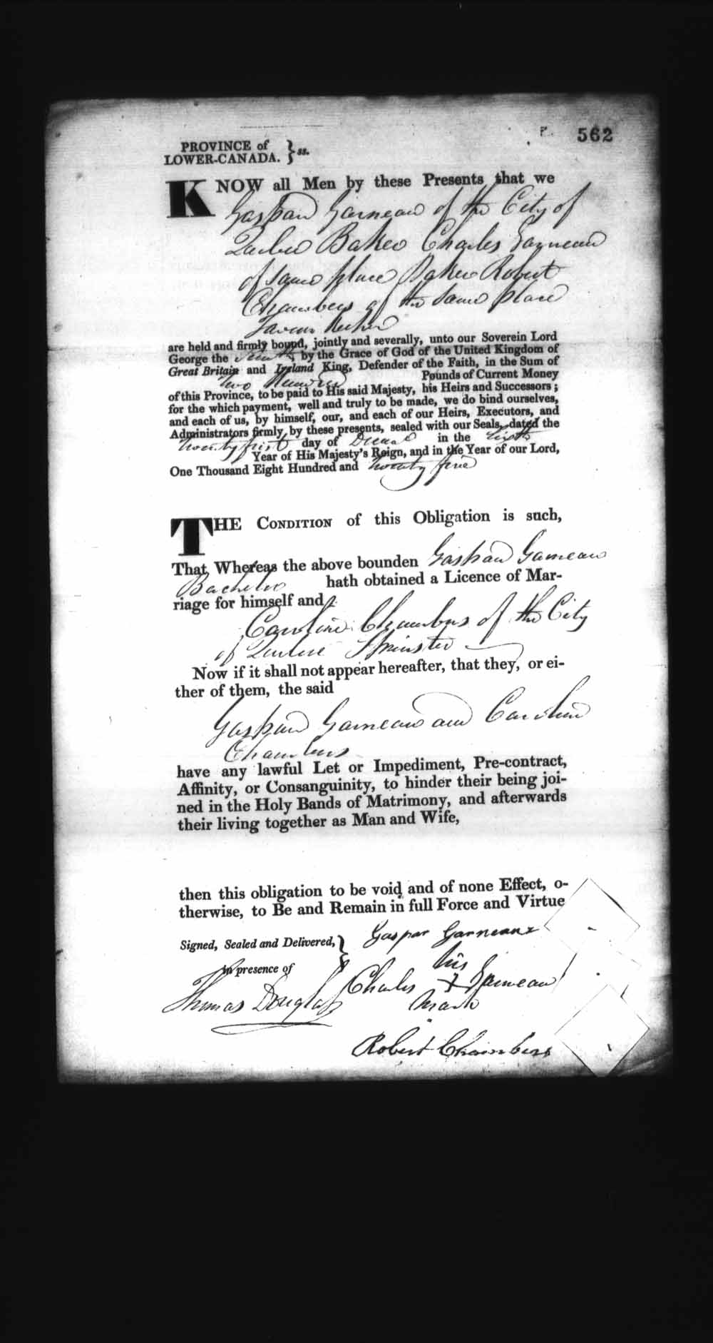 Digitized page of Upper and Lower Canada Marriage Bonds (1779-1865) for Image No.: e008236555