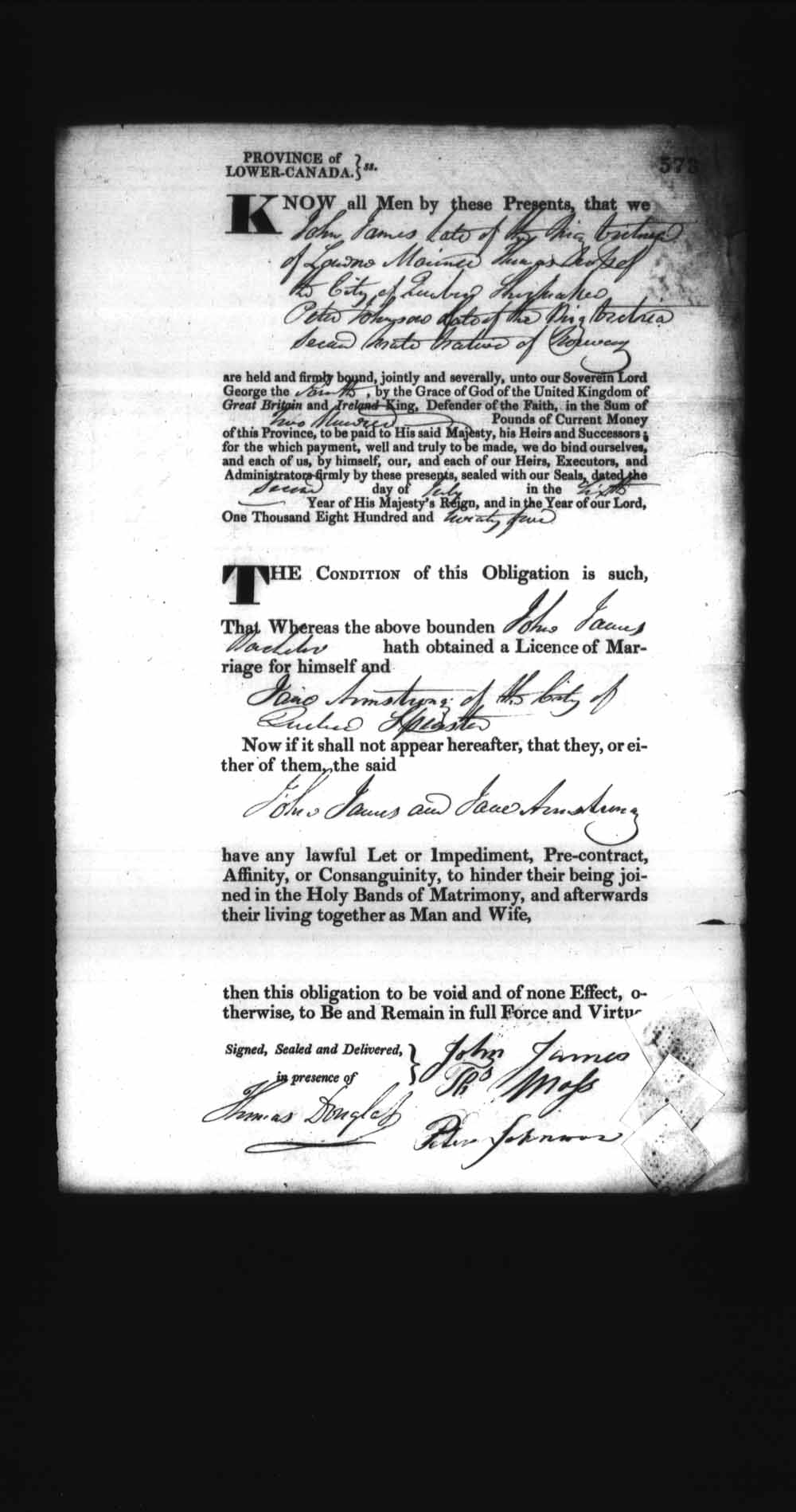Digitized page of Upper and Lower Canada Marriage Bonds (1779-1865) for Image No.: e008236569