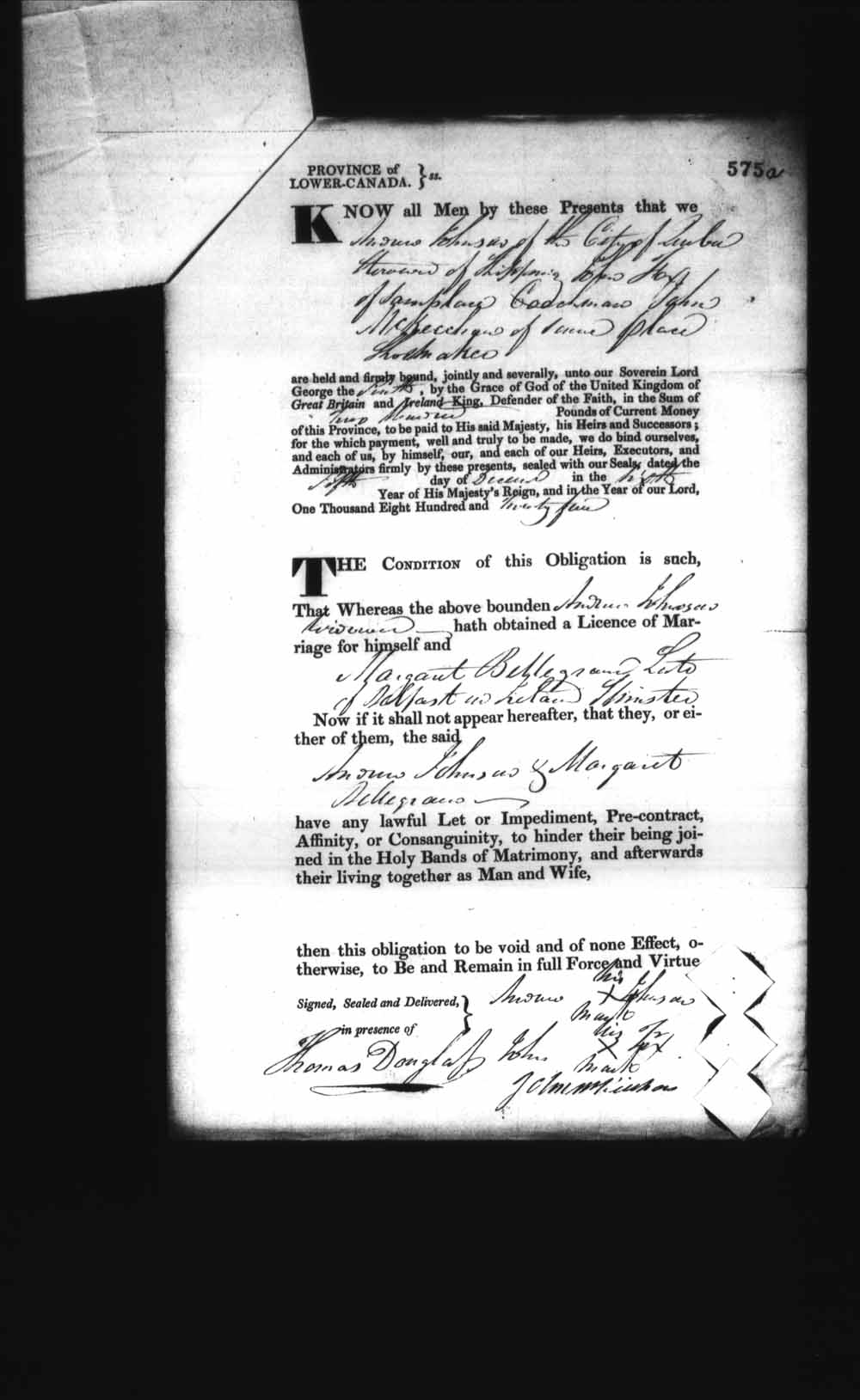 Page numérisé de Cautionnements de mariages pour le Haut-Canada et le Bas-Canada (1779-1865) pour l'image numéro: e008236574