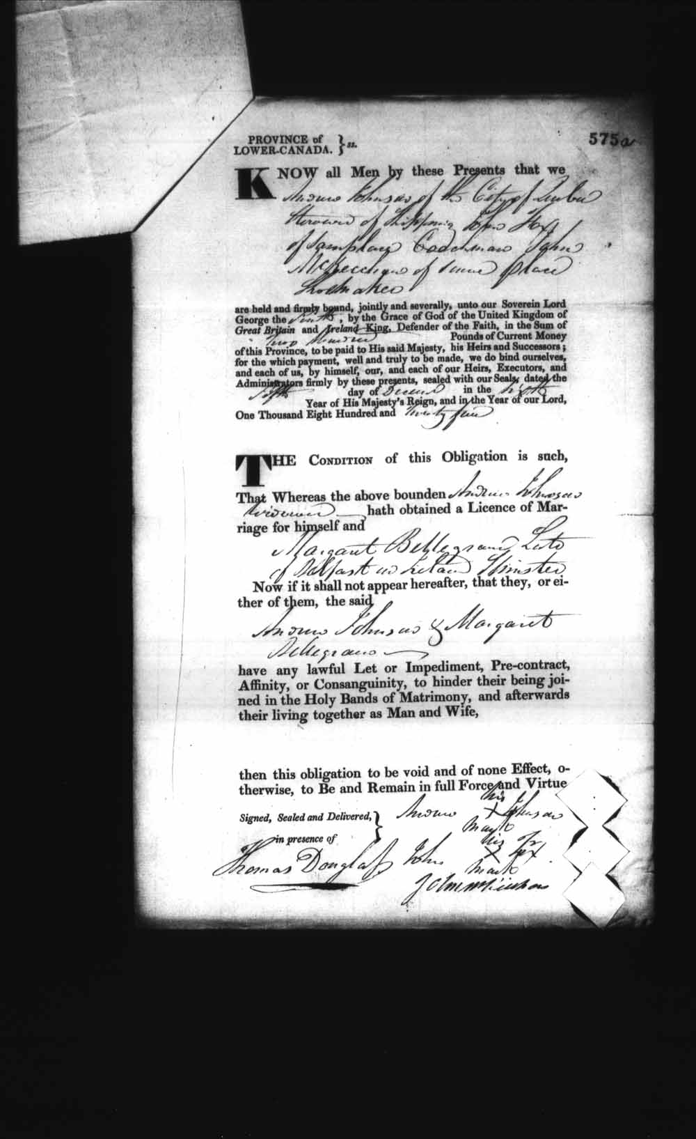Page numérisé de Cautionnements de mariages pour le Haut-Canada et le Bas-Canada (1779-1865) pour l'image numéro: e008236575