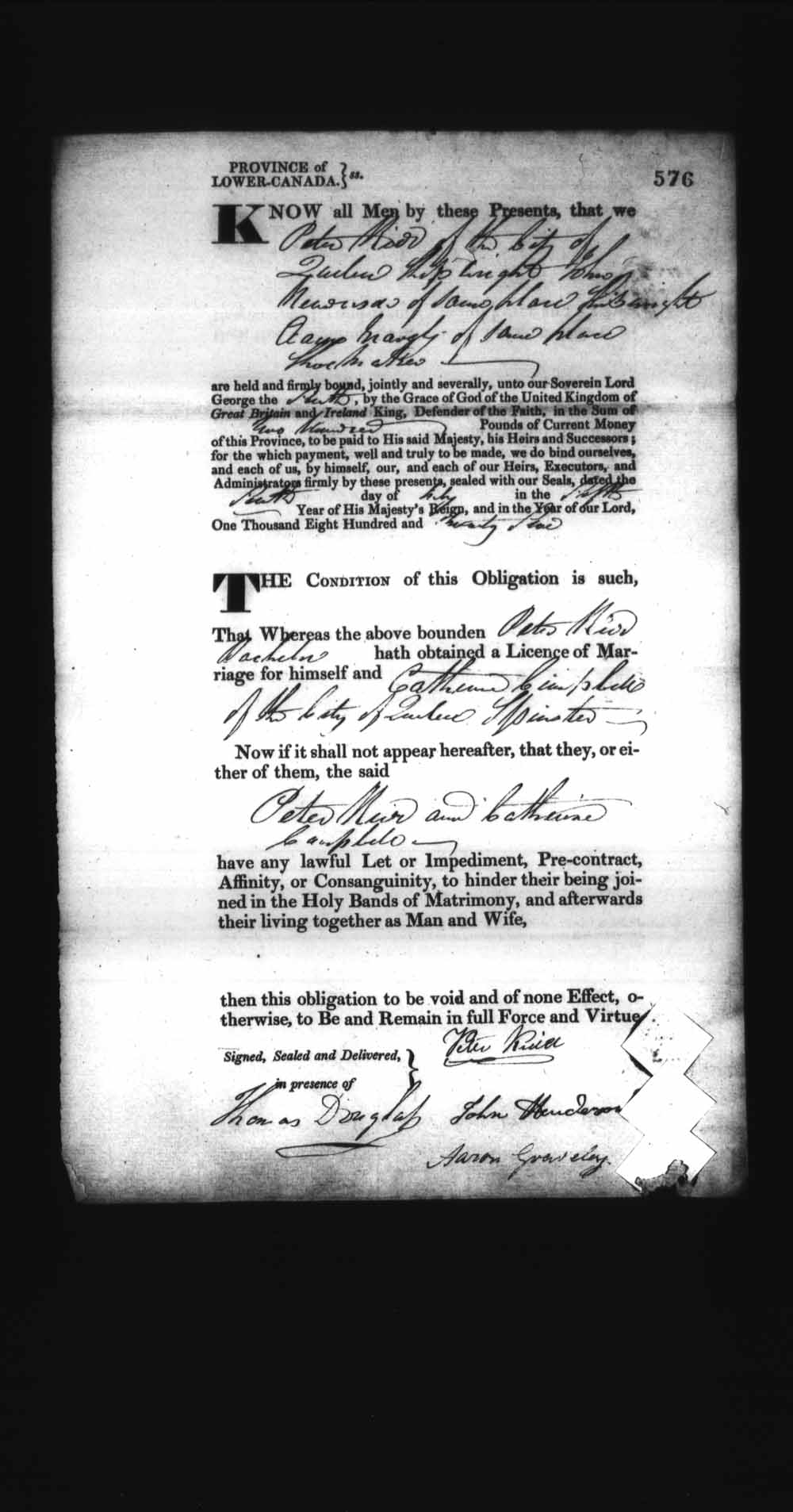 Digitized page of Upper and Lower Canada Marriage Bonds (1779-1865) for Image No.: e008236576