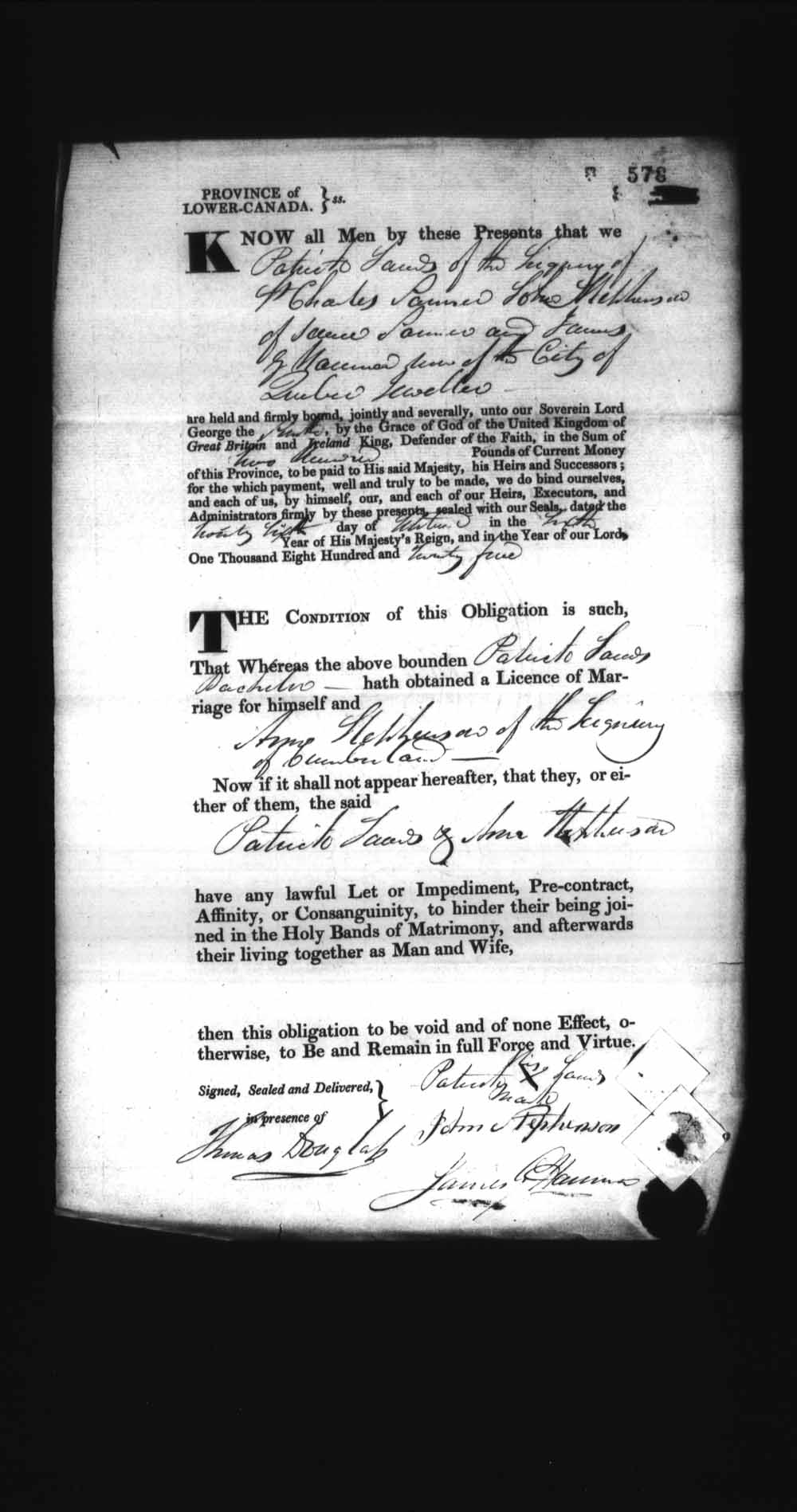 Digitized page of Upper and Lower Canada Marriage Bonds (1779-1865) for Image No.: e008236578