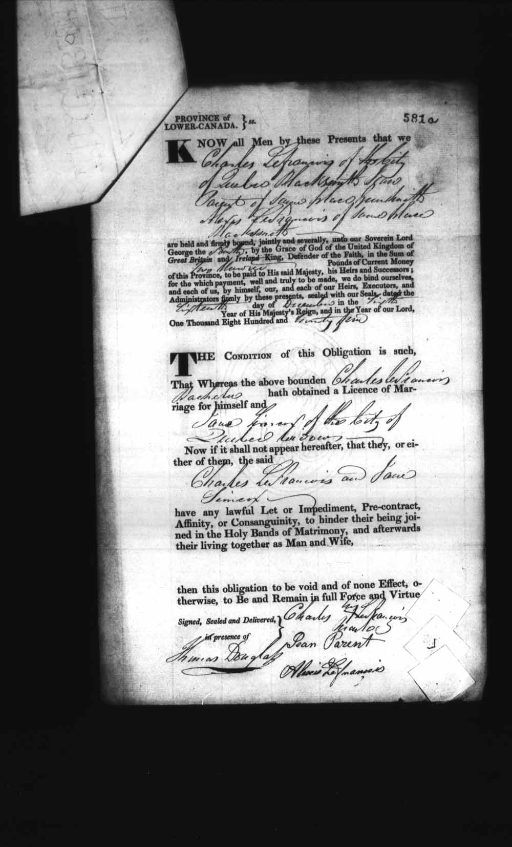 Digitized page of Upper and Lower Canada Marriage Bonds (1779-1865) for Image No.: e008236584