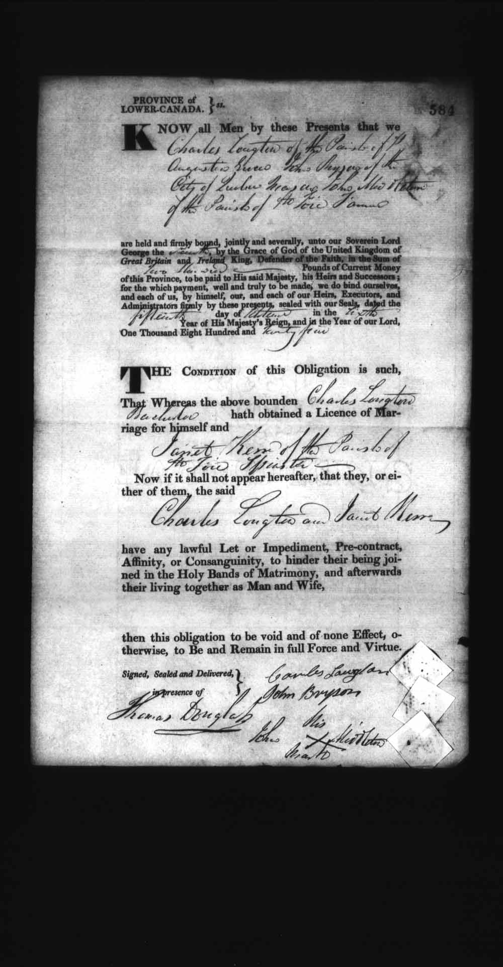 Digitized page of Upper and Lower Canada Marriage Bonds (1779-1865) for Image No.: e008236590