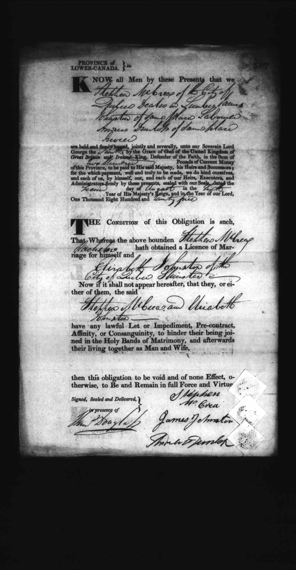 Digitized page of Upper and Lower Canada Marriage Bonds (1779-1865) for Image No.: e008236593