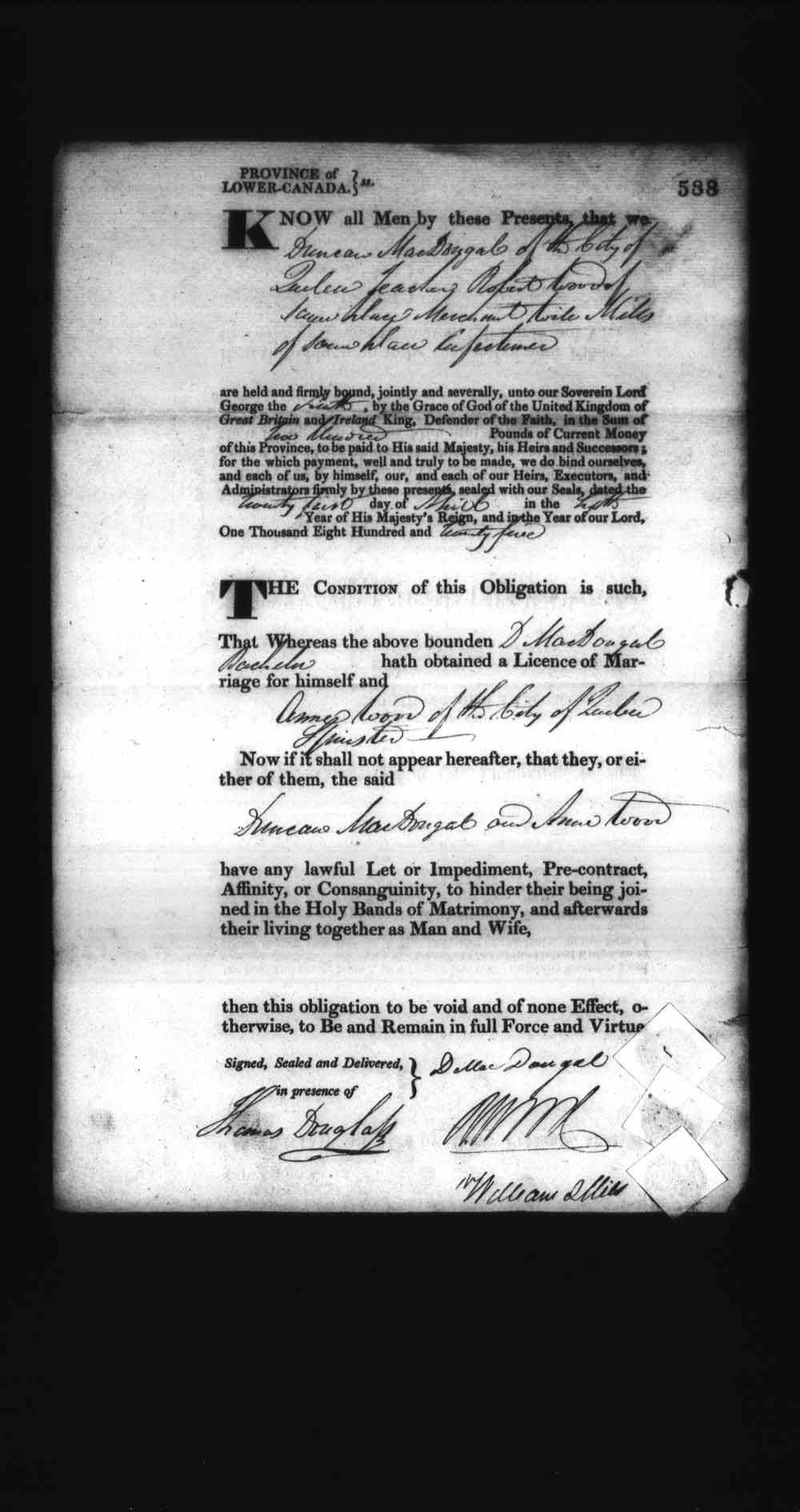 Digitized page of Upper and Lower Canada Marriage Bonds (1779-1865) for Image No.: e008236594