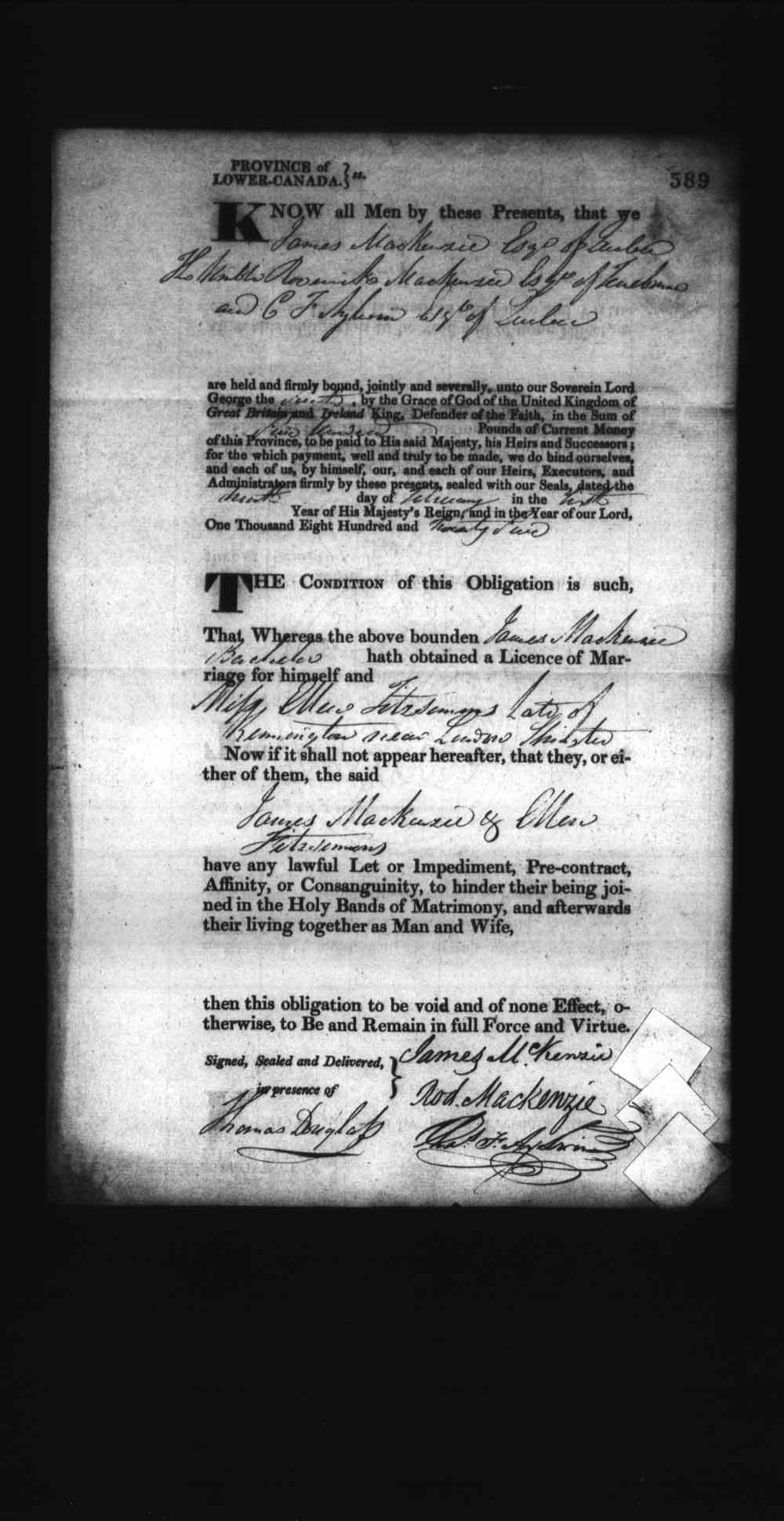 Digitized page of Upper and Lower Canada Marriage Bonds (1779-1865) for Image No.: e008236595