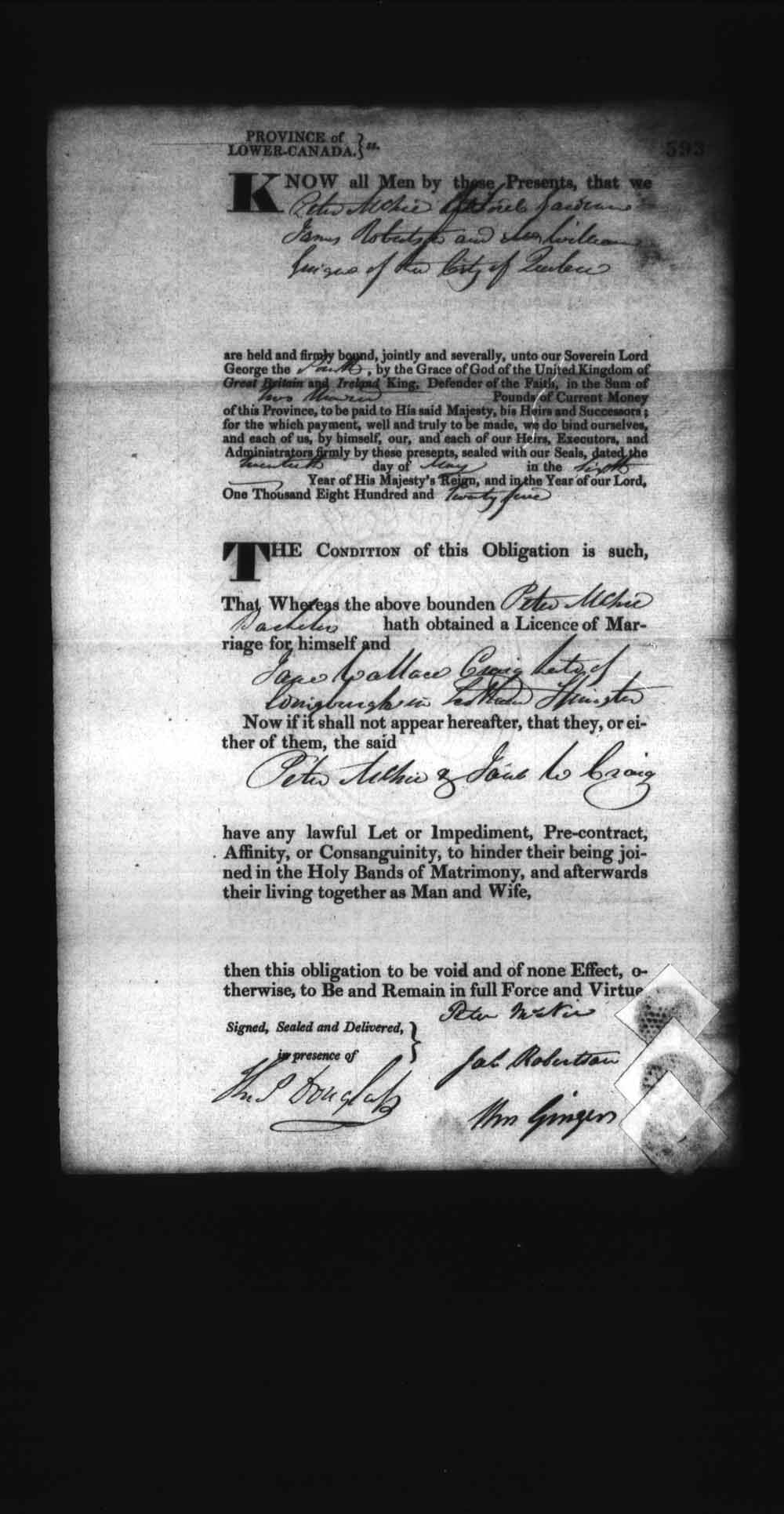 Digitized page of Upper and Lower Canada Marriage Bonds (1779-1865) for Image No.: e008236600