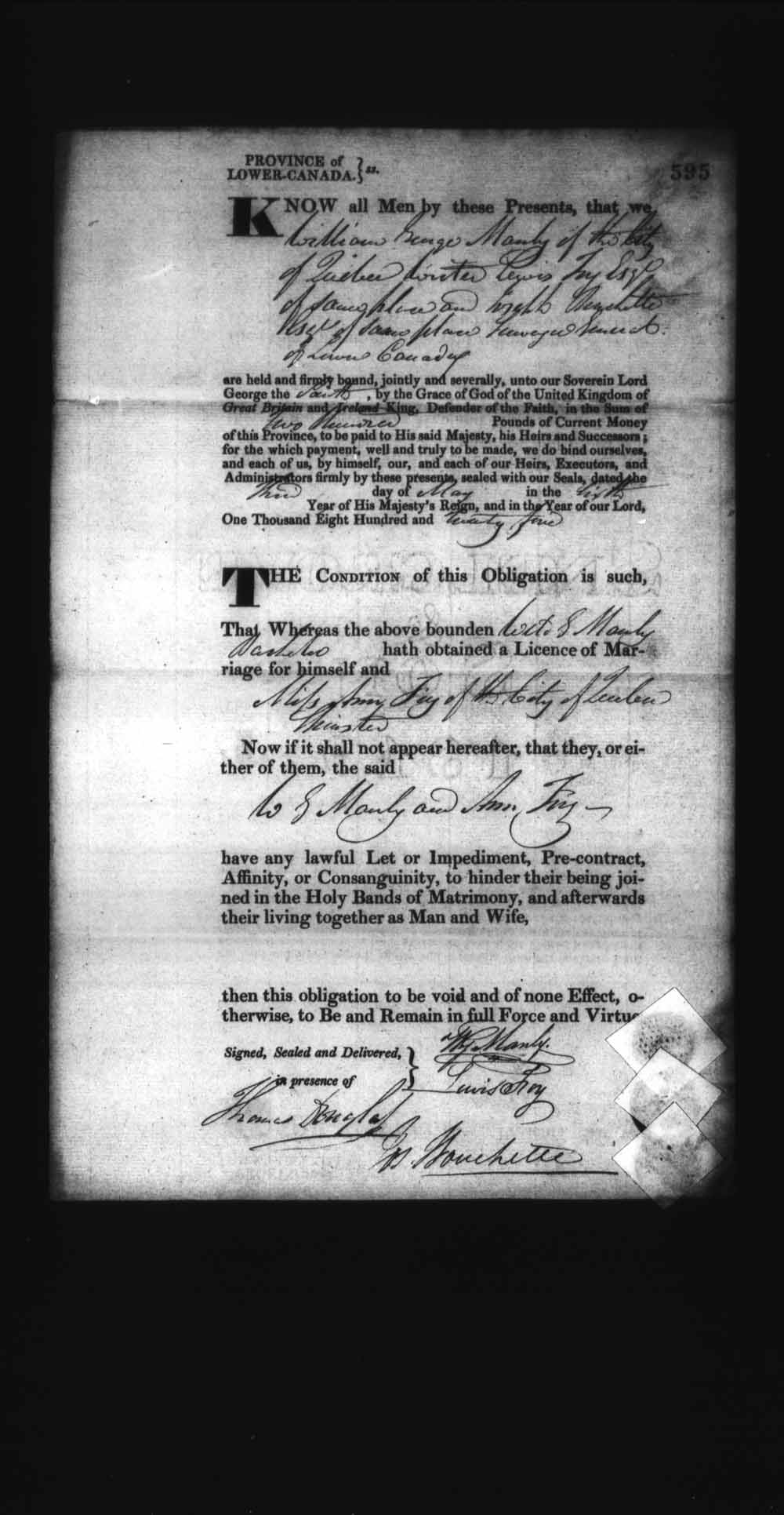 Digitized page of Upper and Lower Canada Marriage Bonds (1779-1865) for Image No.: e008236602