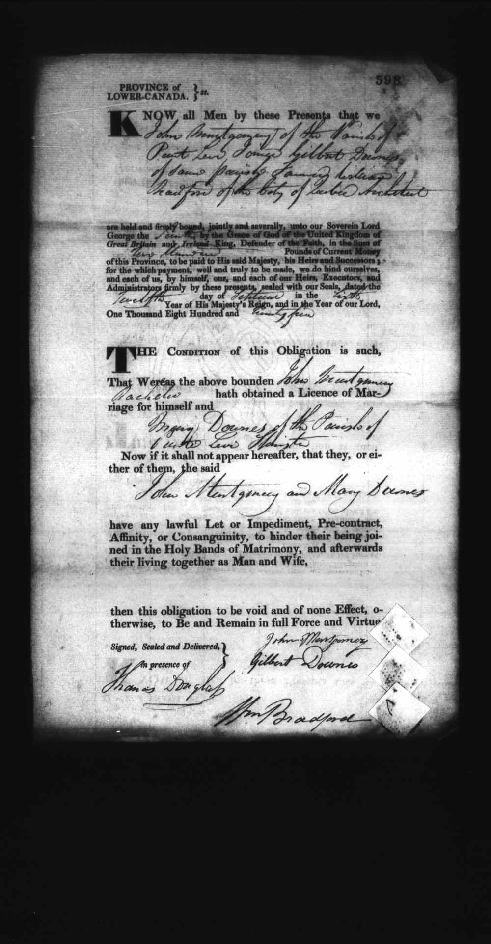 Digitized page of Upper and Lower Canada Marriage Bonds (1779-1865) for Image No.: e008236606