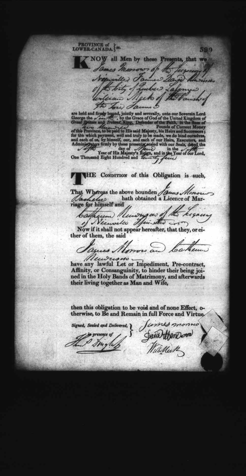 Page numérisé de Cautionnements de mariages pour le Haut-Canada et le Bas-Canada (1779-1865) pour l'image numéro: e008236607