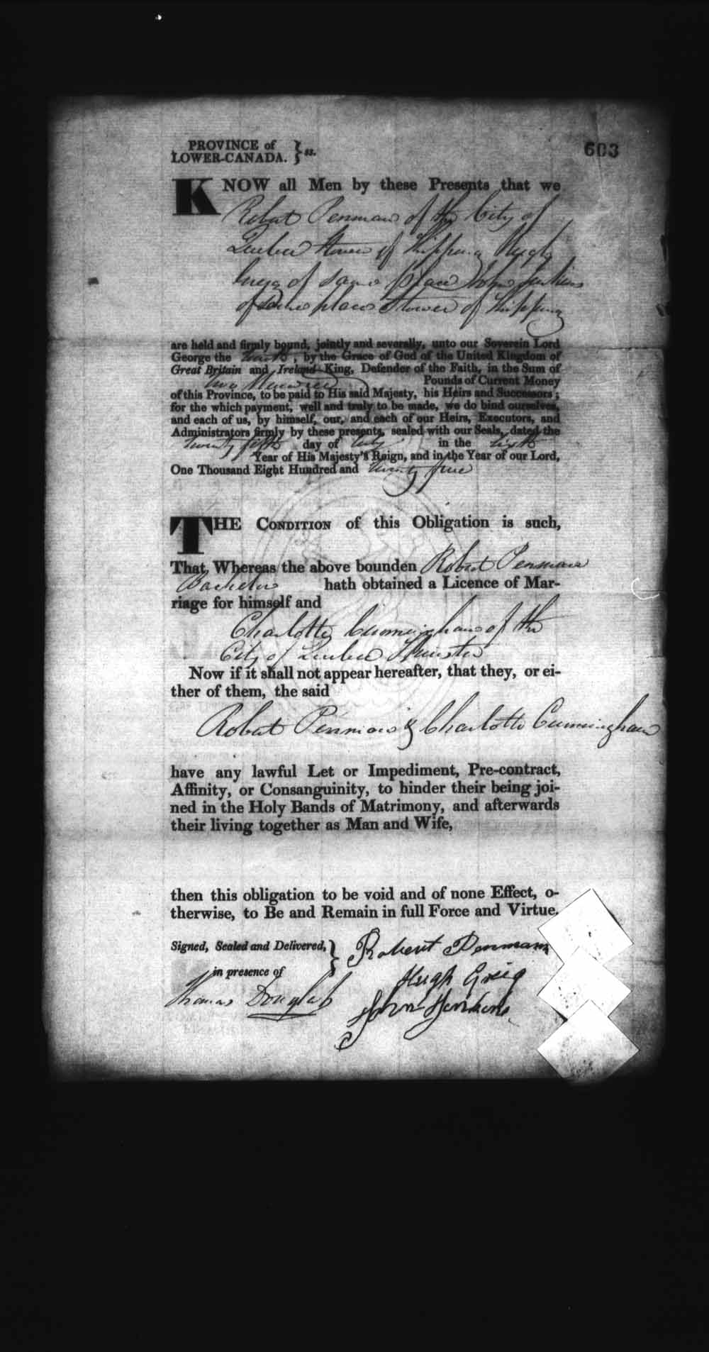 Digitized page of Upper and Lower Canada Marriage Bonds (1779-1865) for Image No.: e008236613