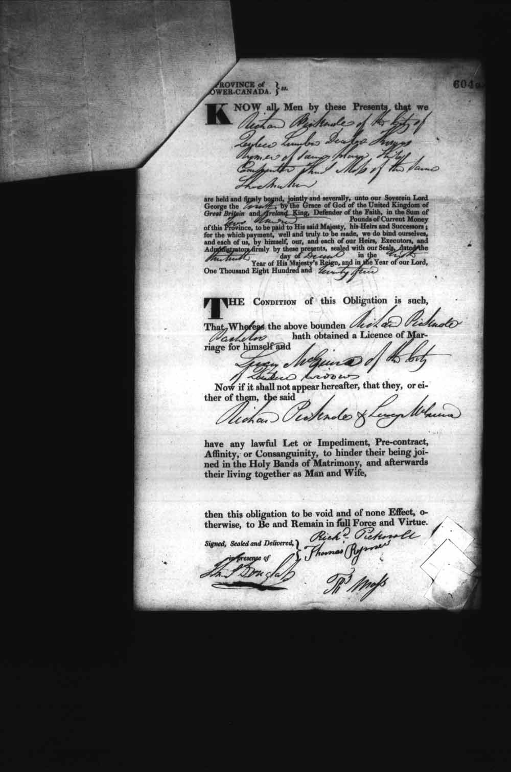 Digitized page of Upper and Lower Canada Marriage Bonds (1779-1865) for Image No.: e008236615