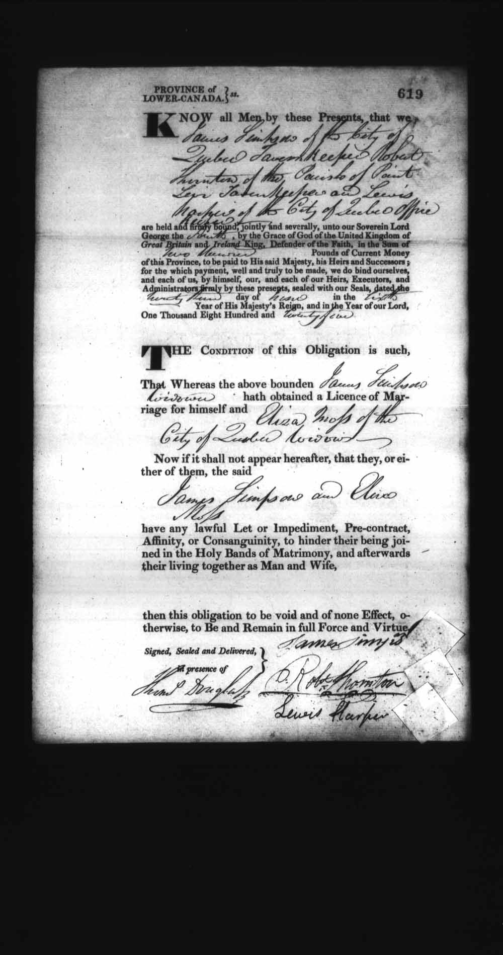 Digitized page of Upper and Lower Canada Marriage Bonds (1779-1865) for Image No.: e008236634