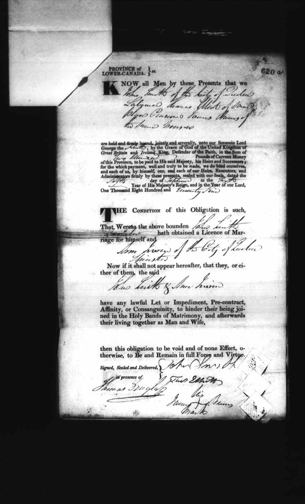Digitized page of Upper and Lower Canada Marriage Bonds (1779-1865) for Image No.: e008236636