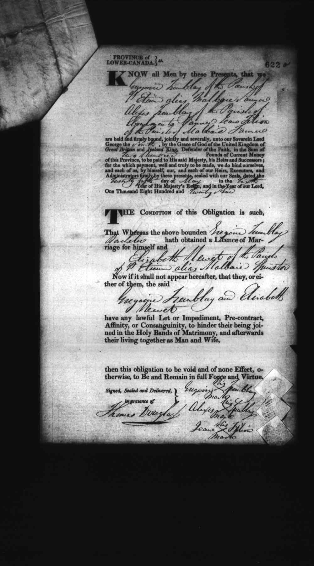 Digitized page of Upper and Lower Canada Marriage Bonds (1779-1865) for Image No.: e008236640
