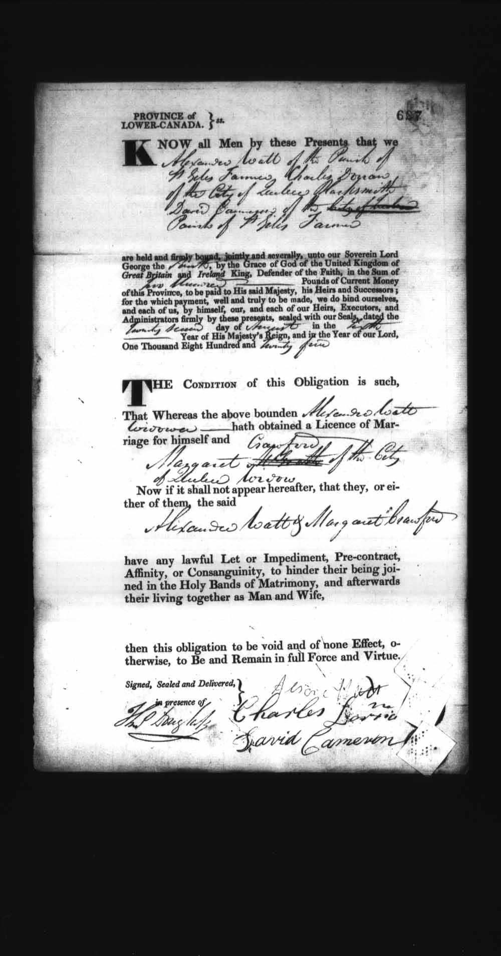 Digitized page of Upper and Lower Canada Marriage Bonds (1779-1865) for Image No.: e008236650