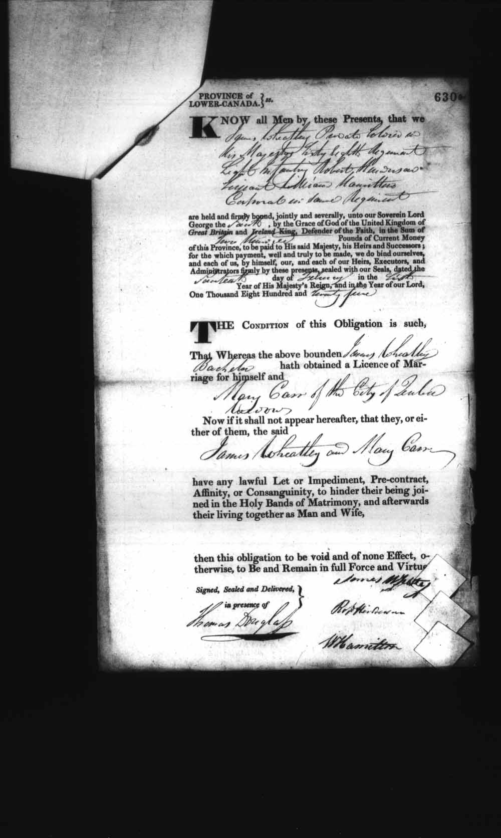 Digitized page of Upper and Lower Canada Marriage Bonds (1779-1865) for Image No.: e008236654