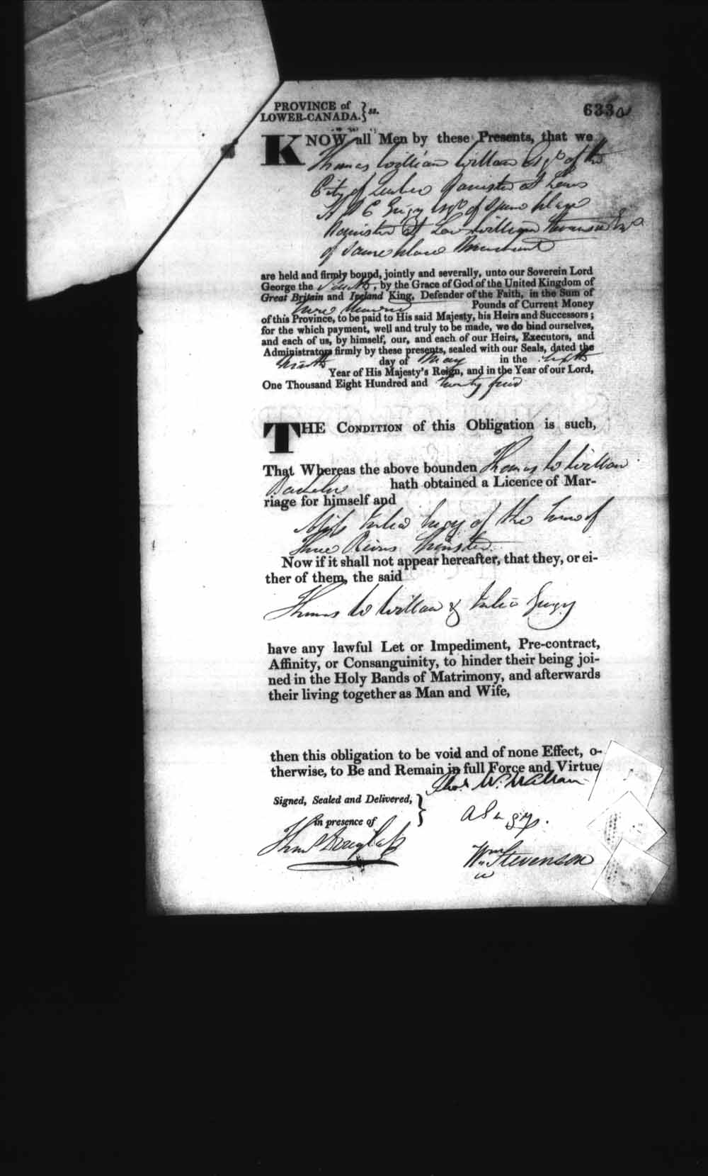 Digitized page of Upper and Lower Canada Marriage Bonds (1779-1865) for Image No.: e008236658
