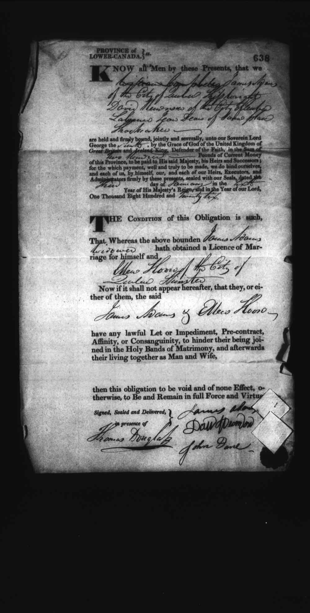 Digitized page of Upper and Lower Canada Marriage Bonds (1779-1865) for Image No.: e008236664