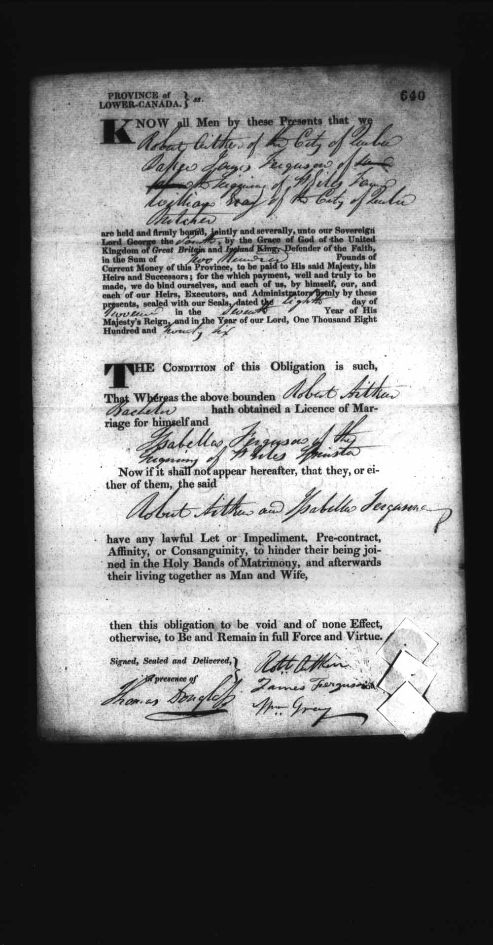 Digitized page of Upper and Lower Canada Marriage Bonds (1779-1865) for Image No.: e008236666