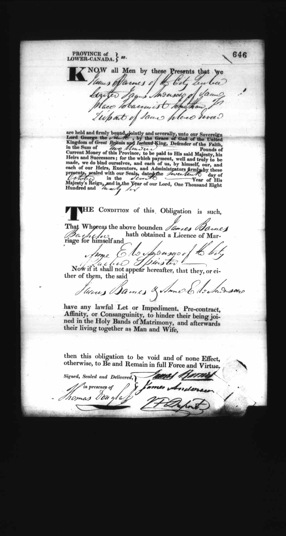 Digitized page of Upper and Lower Canada Marriage Bonds (1779-1865) for Image No.: e008236675