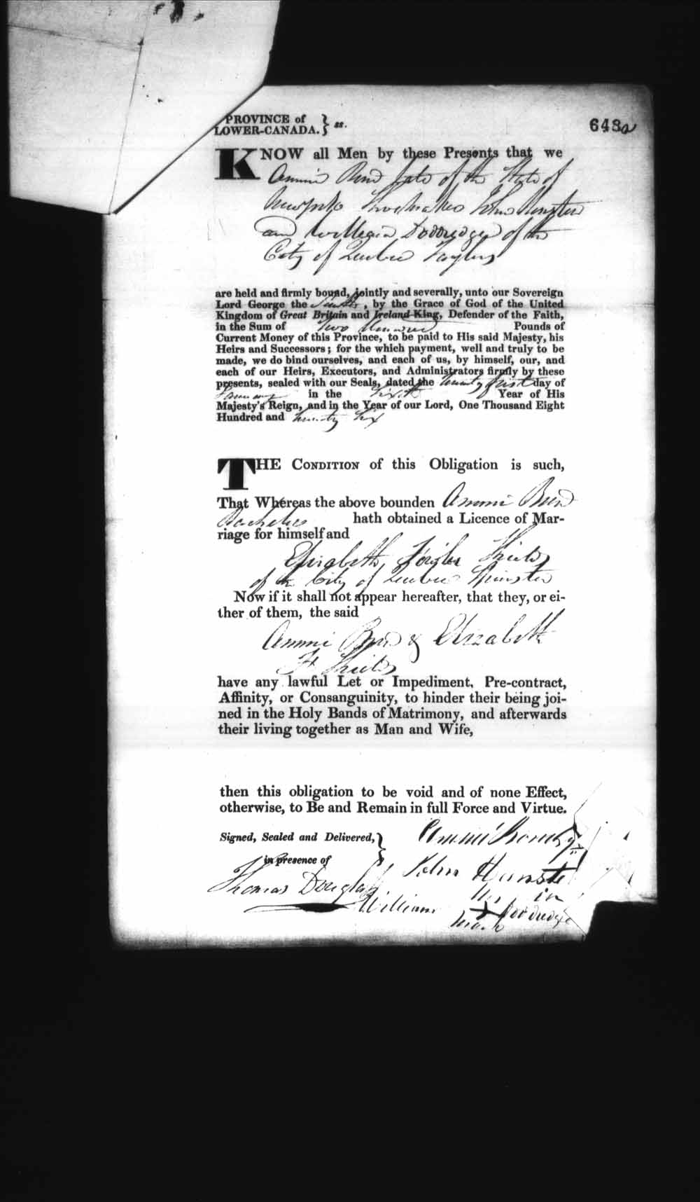 Page numérisé de Cautionnements de mariages pour le Haut-Canada et le Bas-Canada (1779-1865) pour l'image numéro: e008236678