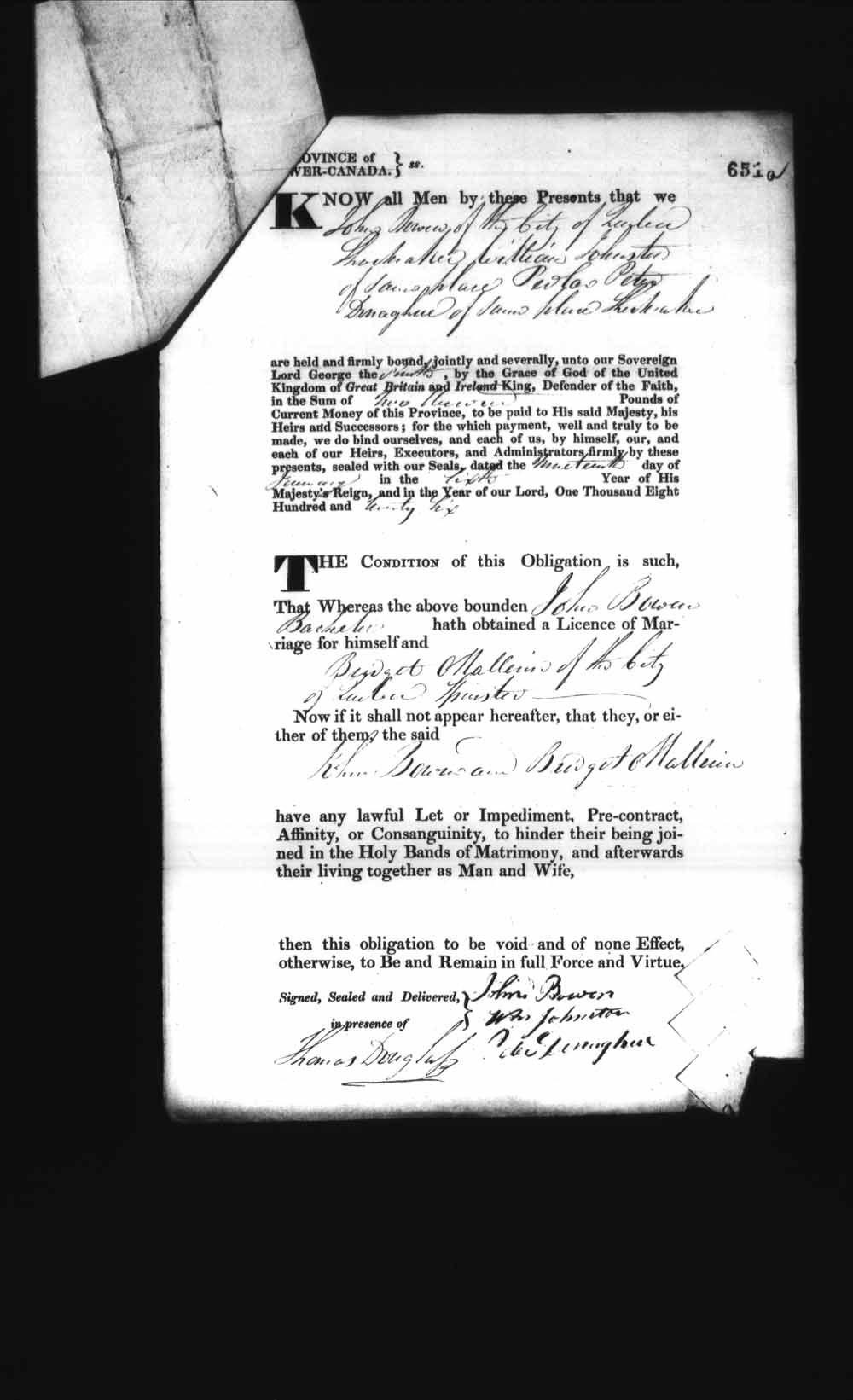 Digitized page of Upper and Lower Canada Marriage Bonds (1779-1865) for Image No.: e008236682