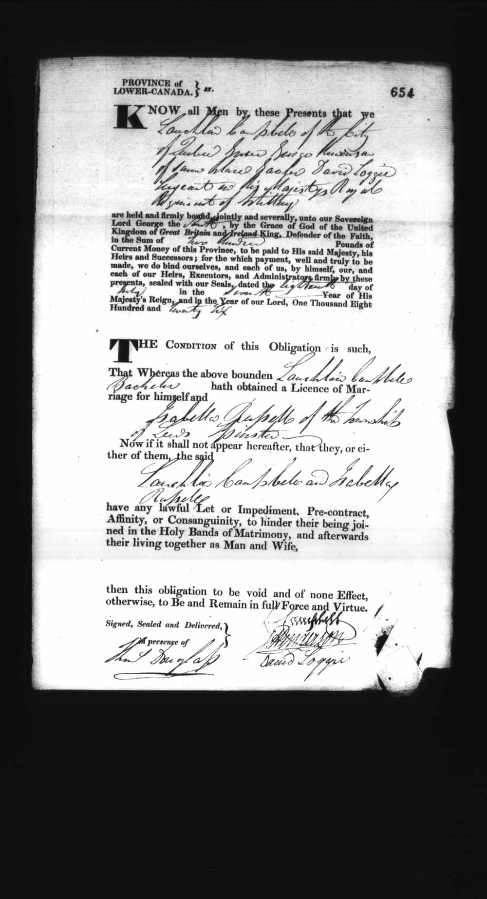 Digitized page of Upper and Lower Canada Marriage Bonds (1779-1865) for Image No.: e008236687