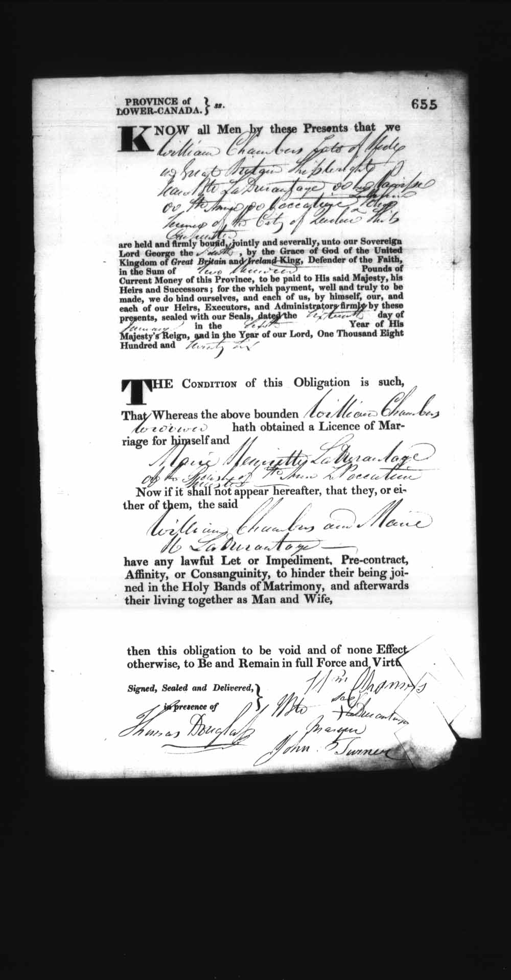 Digitized page of Upper and Lower Canada Marriage Bonds (1779-1865) for Image No.: e008236688
