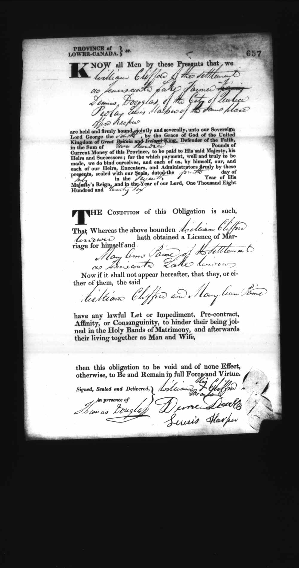 Digitized page of Upper and Lower Canada Marriage Bonds (1779-1865) for Image No.: e008236691