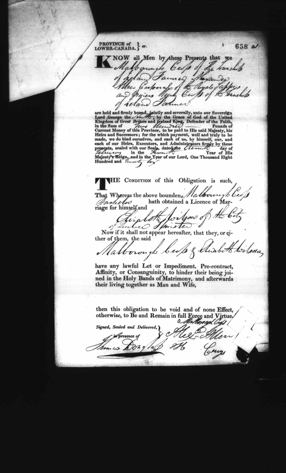 Digitized page of Upper and Lower Canada Marriage Bonds (1779-1865) for Image No.: e008236693