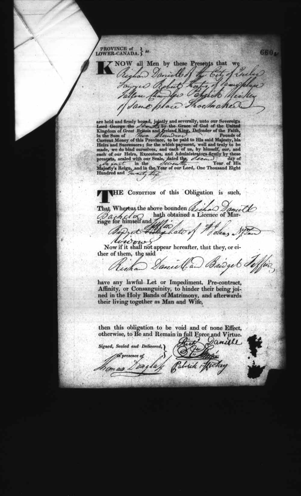 Digitized page of Upper and Lower Canada Marriage Bonds (1779-1865) for Image No.: e008236696