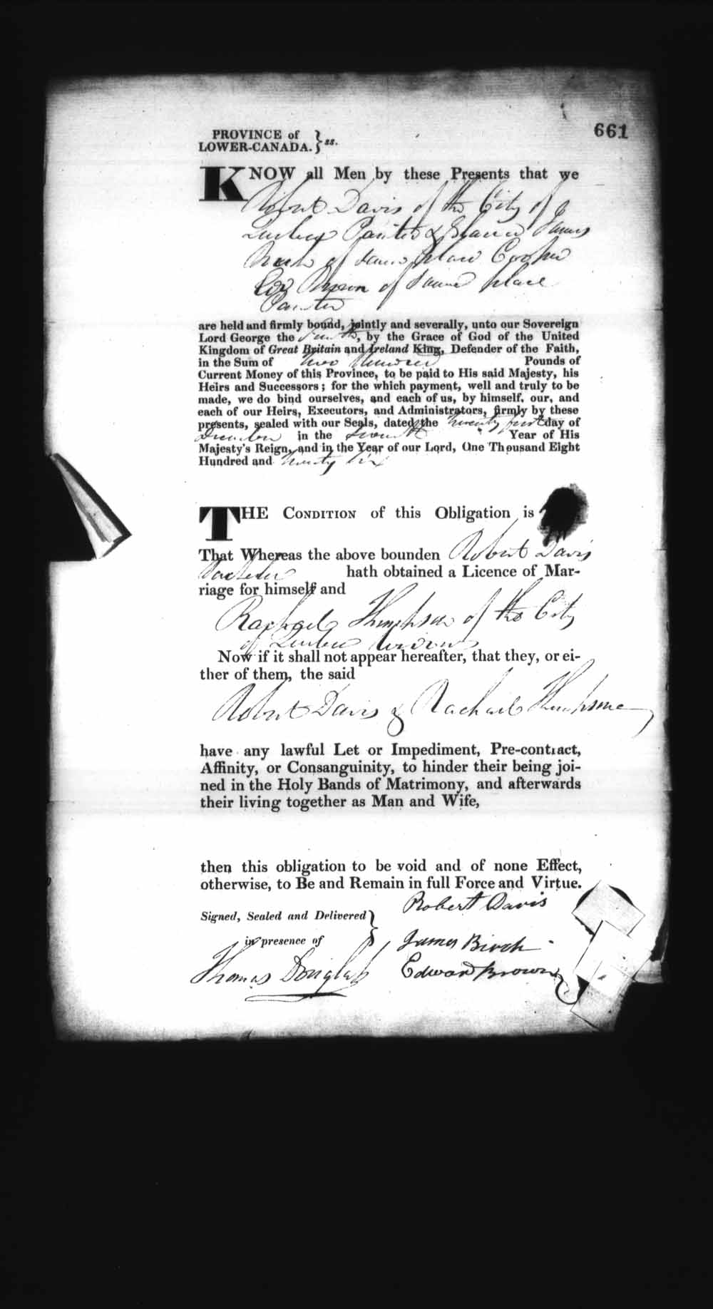Digitized page of Upper and Lower Canada Marriage Bonds (1779-1865) for Image No.: e008236697