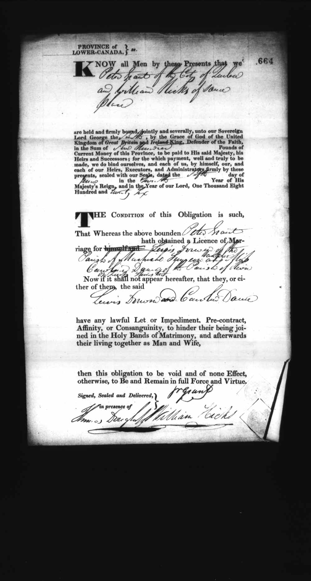 Digitized page of Upper and Lower Canada Marriage Bonds (1779-1865) for Image No.: e008236702