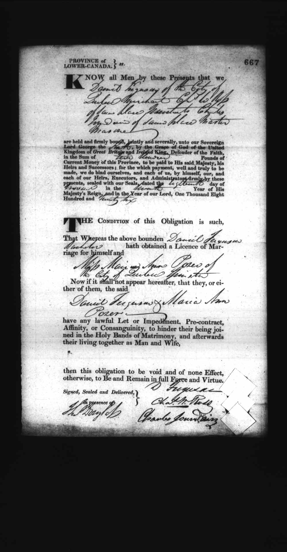 Digitized page of Upper and Lower Canada Marriage Bonds (1779-1865) for Image No.: e008236705