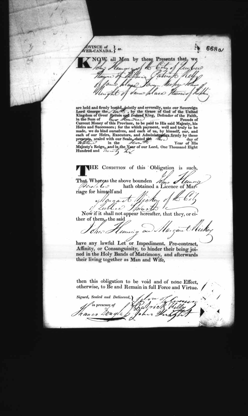 Digitized page of Upper and Lower Canada Marriage Bonds (1779-1865) for Image No.: e008236707