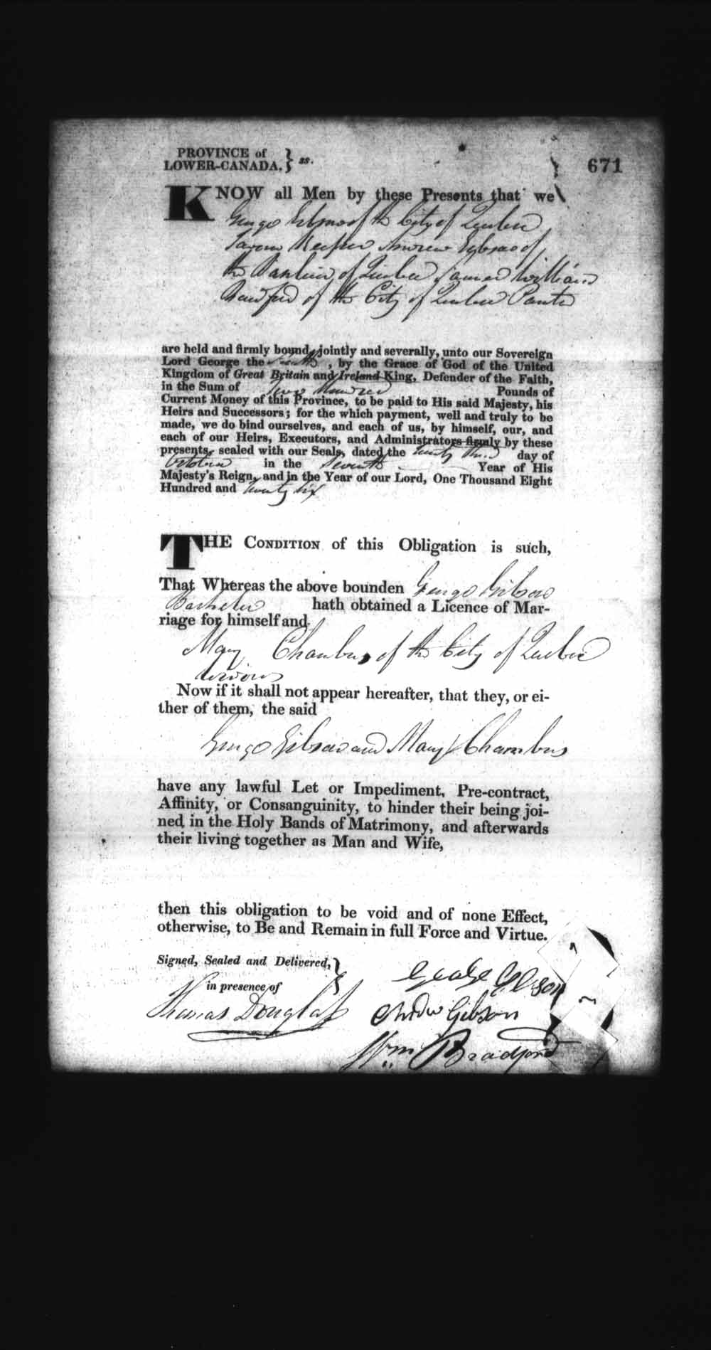 Digitized page of Upper and Lower Canada Marriage Bonds (1779-1865) for Image No.: e008236710