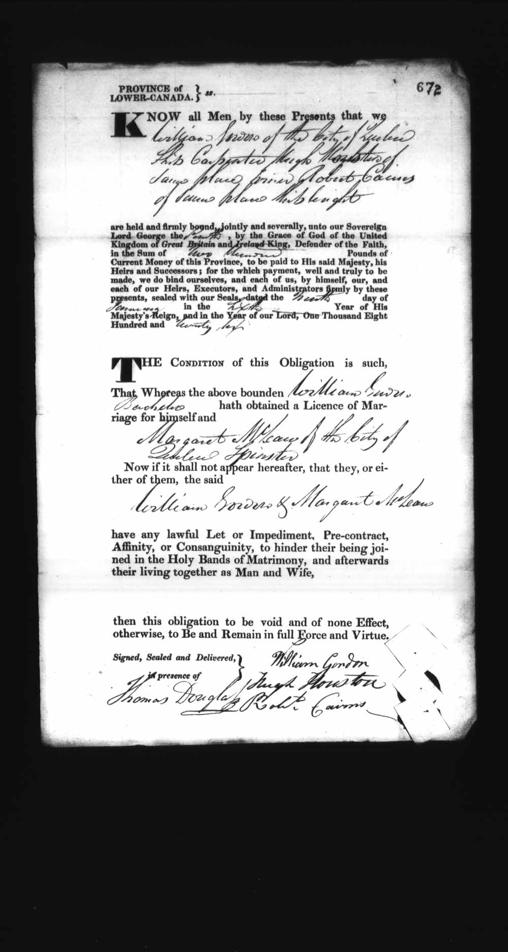 Digitized page of Upper and Lower Canada Marriage Bonds (1779-1865) for Image No.: e008236711