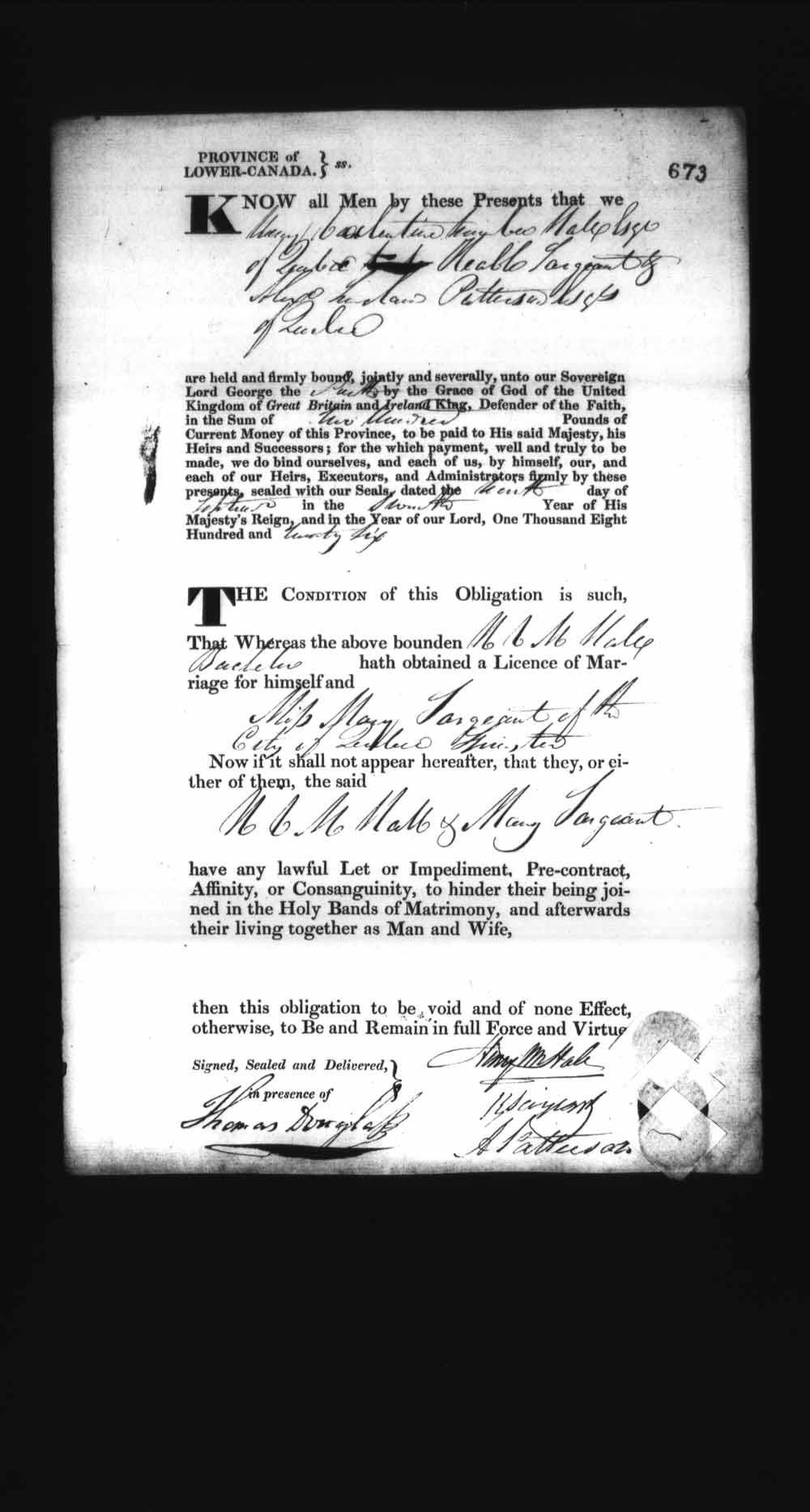 Digitized page of Upper and Lower Canada Marriage Bonds (1779-1865) for Image No.: e008236712