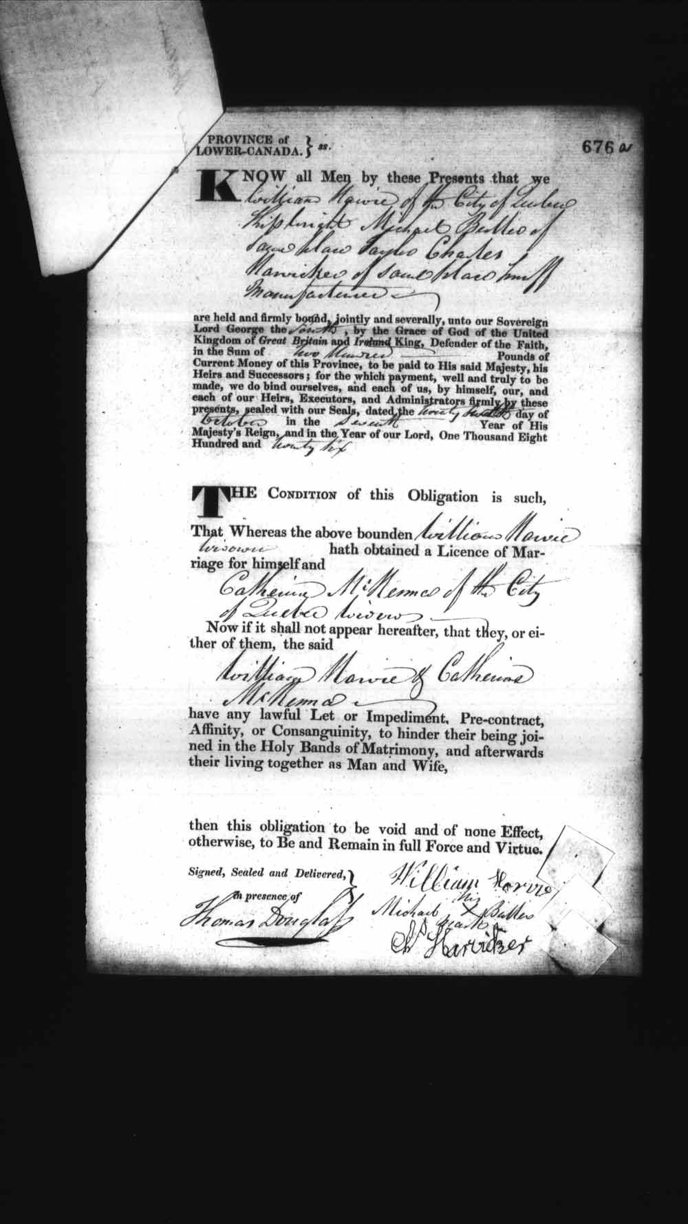 Digitized page of Upper and Lower Canada Marriage Bonds (1779-1865) for Image No.: e008236717